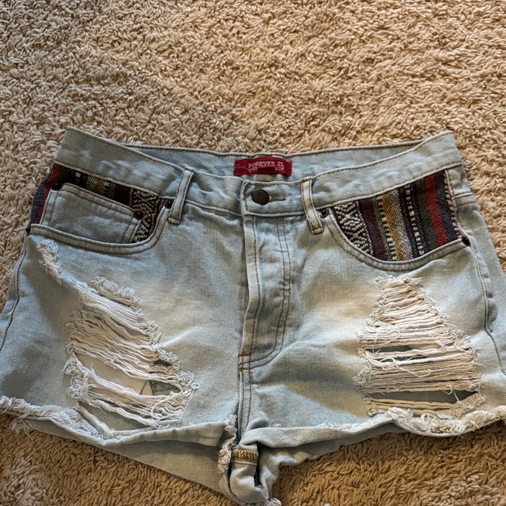 Forever 21 Light Blue Distressed Jean Shorts with Multicolor Accents